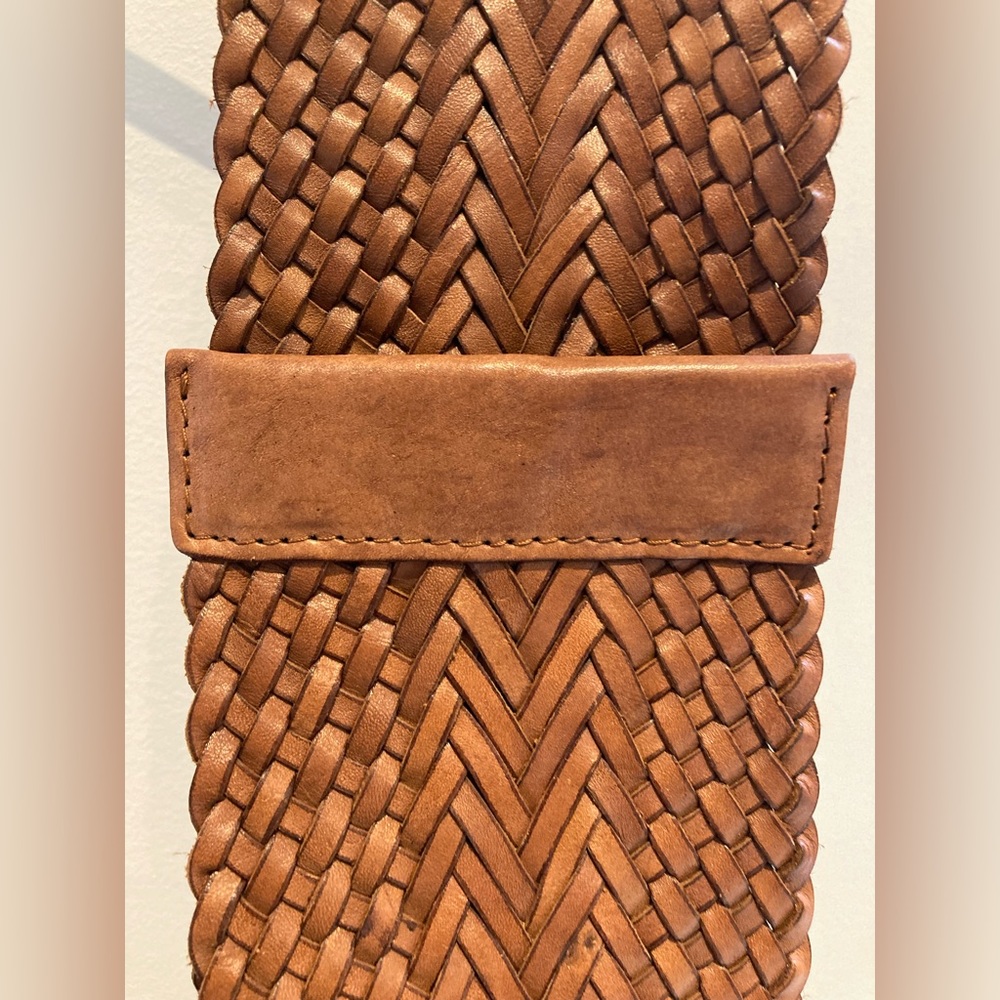 Club Monaco woven brown leather belt. 41 inches long by 3 1/2 inches wide